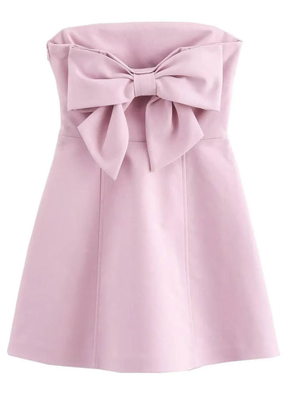 Pink Strapless Large Bow Front Princess Seam A-Line Mini Dress
