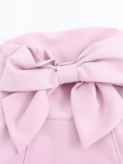 Pink Strapless Large Bow Front Princess Seam A-Line Mini Dress