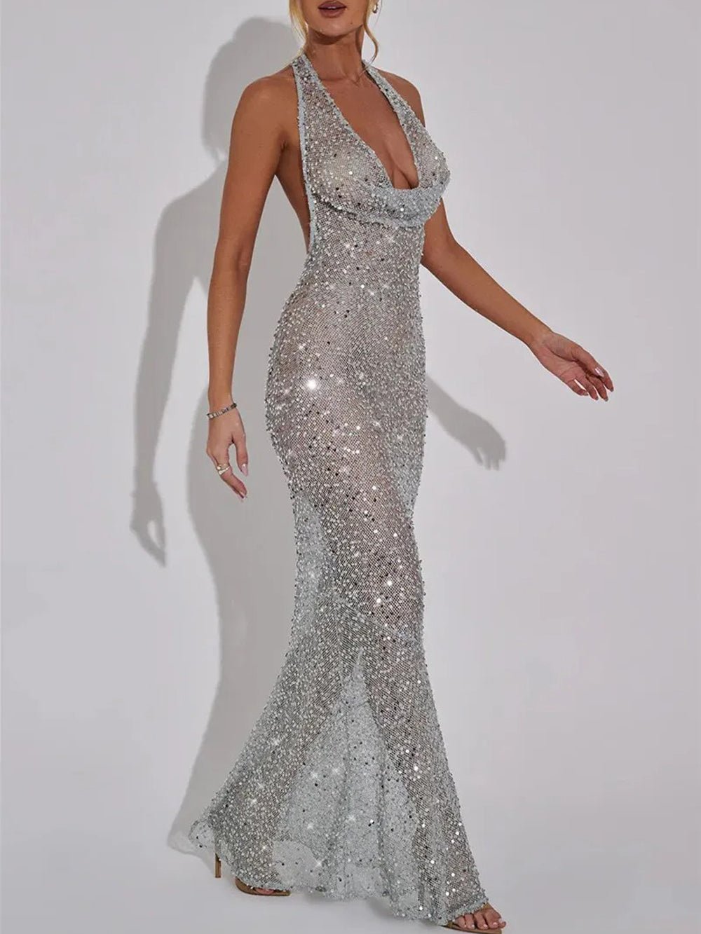 Sequin Halter Deep V-Neck Mermaid Bodycon Maxi Gown