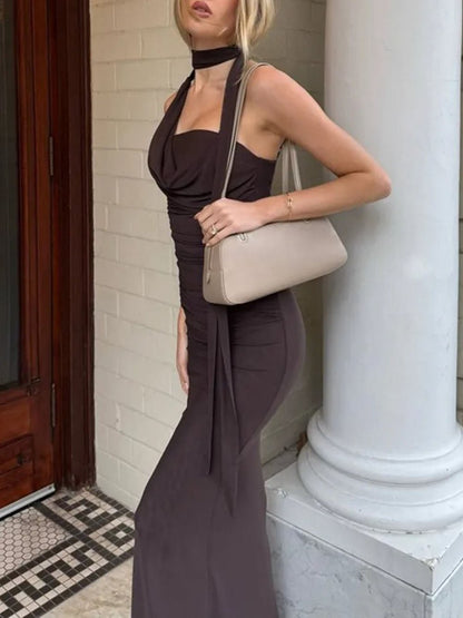Coffee Cowl Neck Ruched Asymmetric Halter Neck Scarf Bodycon Maxi Dress