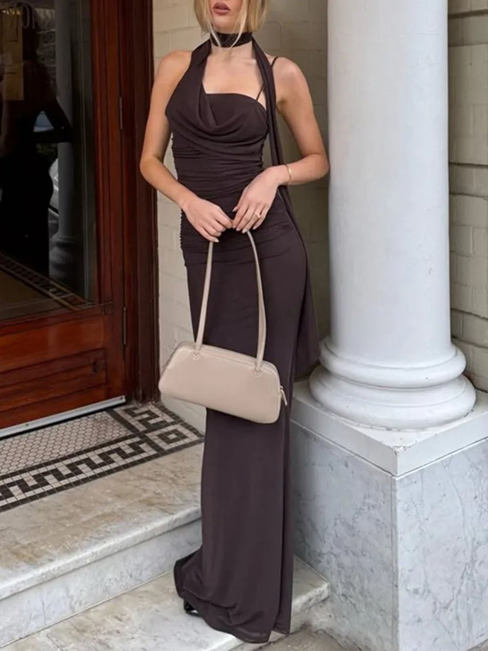 Coffee Cowl Neck Ruched Asymmetric Halter Neck Scarf Bodycon Maxi Dress