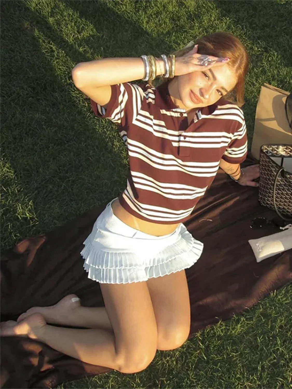 Stripe Polo Neck Loose Casual T-Shirt
