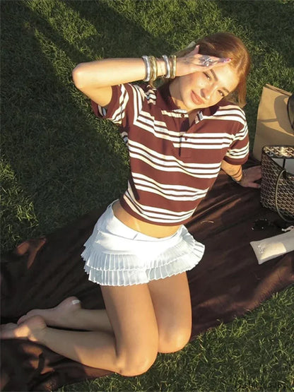 Stripe Polo Neck Loose Casual T-Shirt