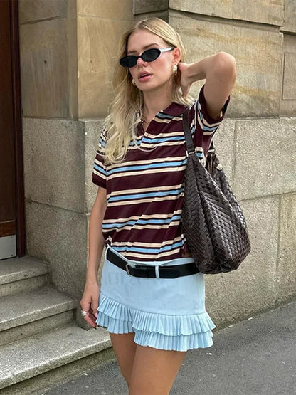 Stripe Polo Neck Loose Casual T-Shirt