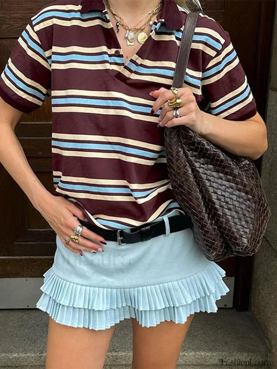 Stripe Polo Neck Loose Casual T-Shirt