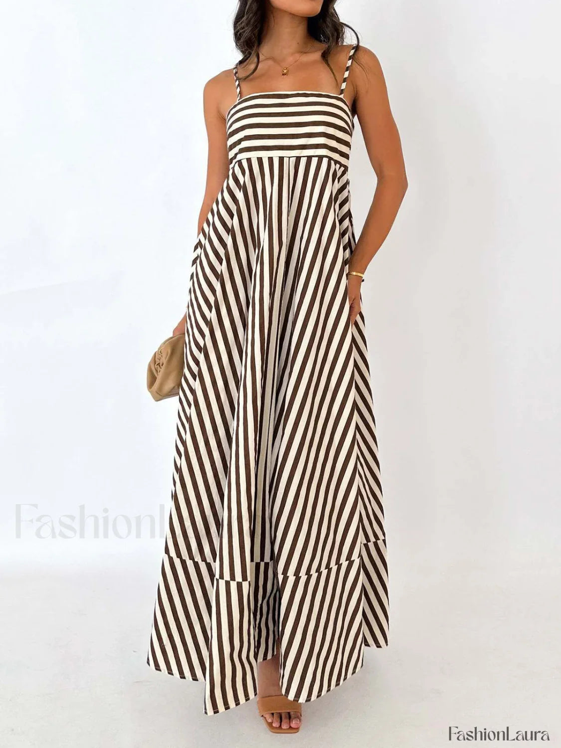 Striped Pleated Cami Long Dress