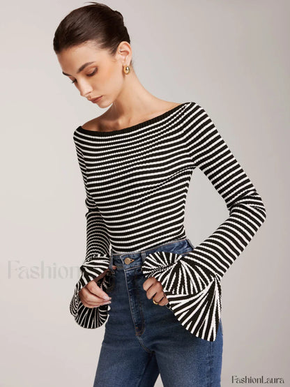 Striped Ruffle-Sleeve Knit Top