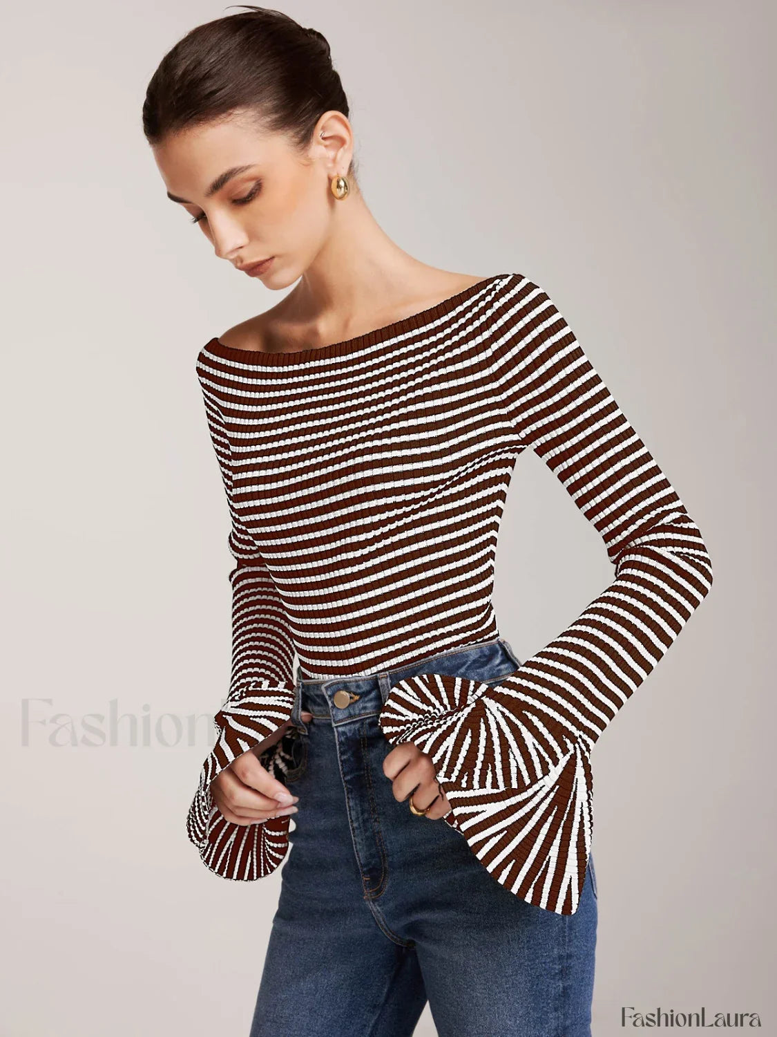Striped Ruffle-Sleeve Knit Top