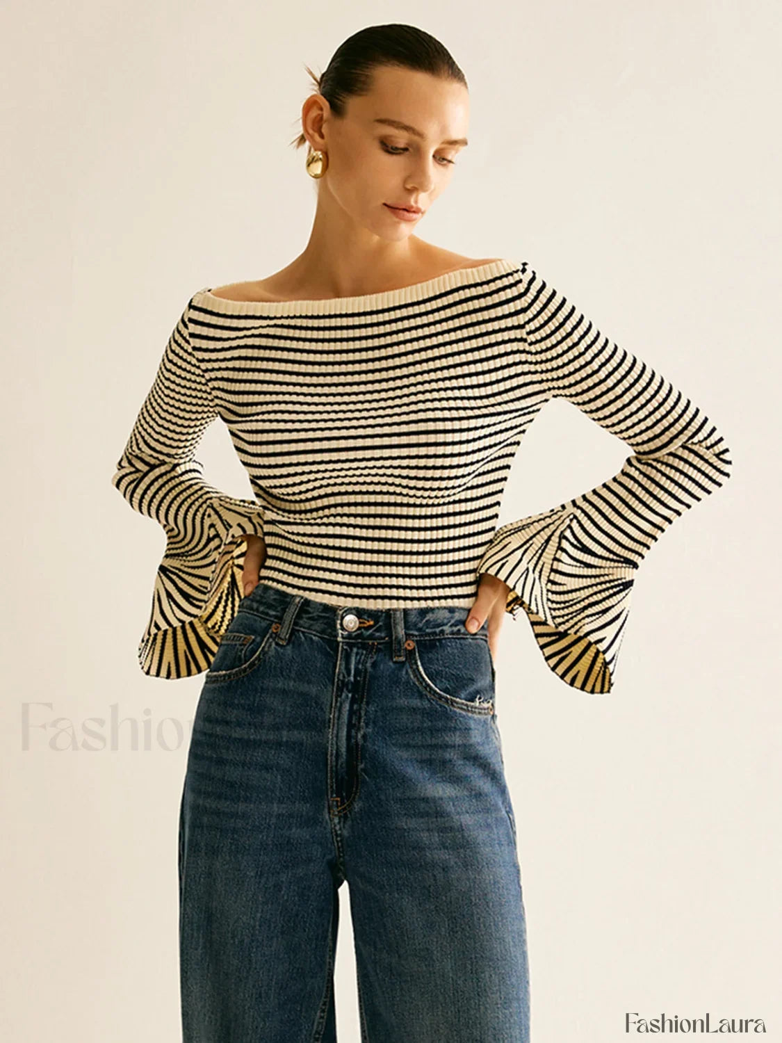 Striped Ruffle-Sleeve Knit Top
