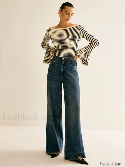 Striped Ruffle-Sleeve Knit Top