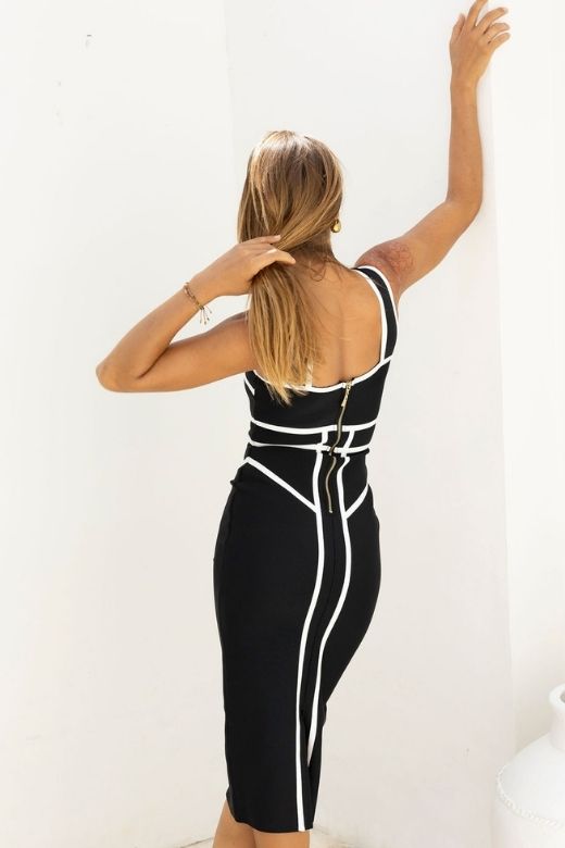 Classic Black Halter Neck Criss Cross Cage Panel Bandage Midi Dress
