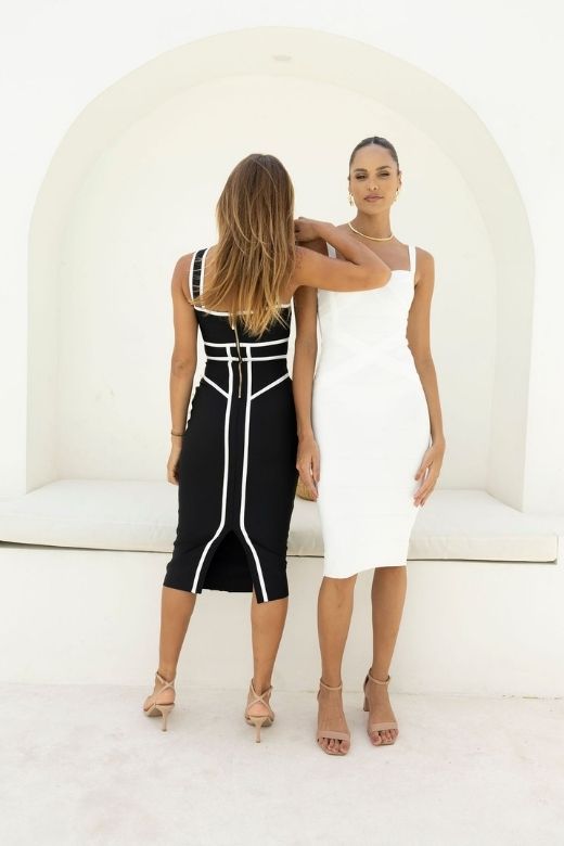 Classic Black Halter Neck Criss Cross Cage Panel Bandage Midi Dress