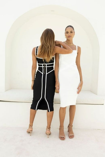 Classic Black Halter Neck Criss Cross Cage Panel Bandage Midi Dress