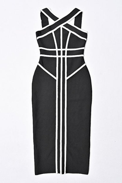Classic Black Halter Neck Criss Cross Cage Panel Bandage Midi Dress