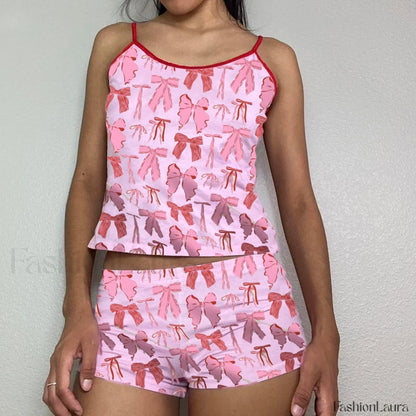 Summer Shorts Strawberry Cherry Bow Camisole Two Piece Set