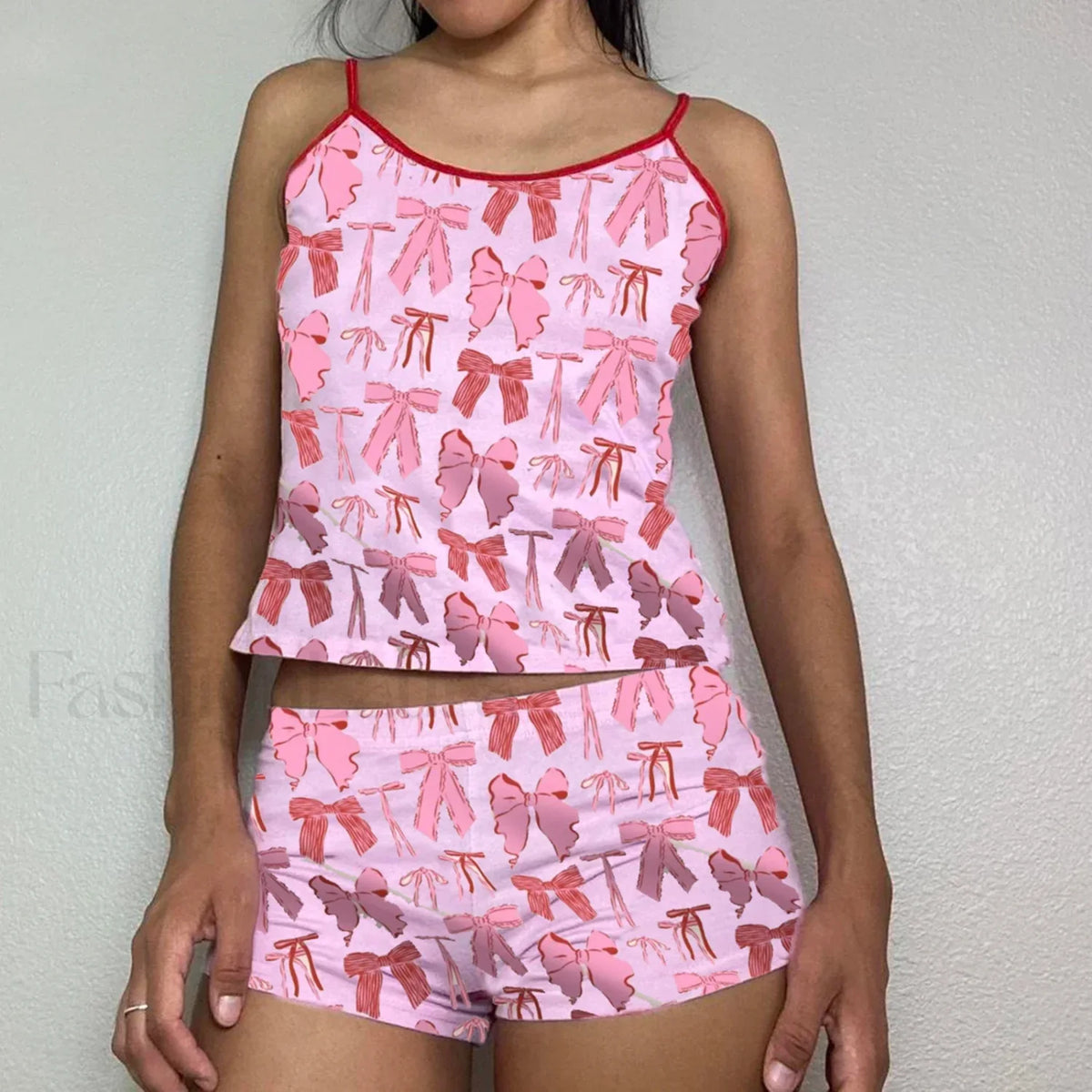 Summer Shorts Strawberry Cherry Bow Camisole Two Piece Set