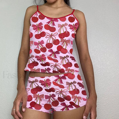 Summer Shorts Strawberry Cherry Bow Camisole Two Piece Set