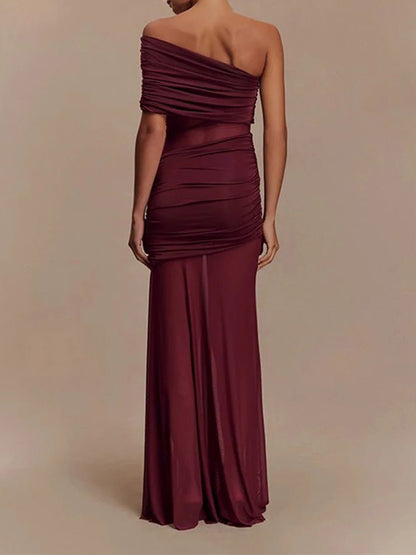 One Shoulder Ruched Mesh Midriff Cut Out Sheer Mesh Maxi Dress