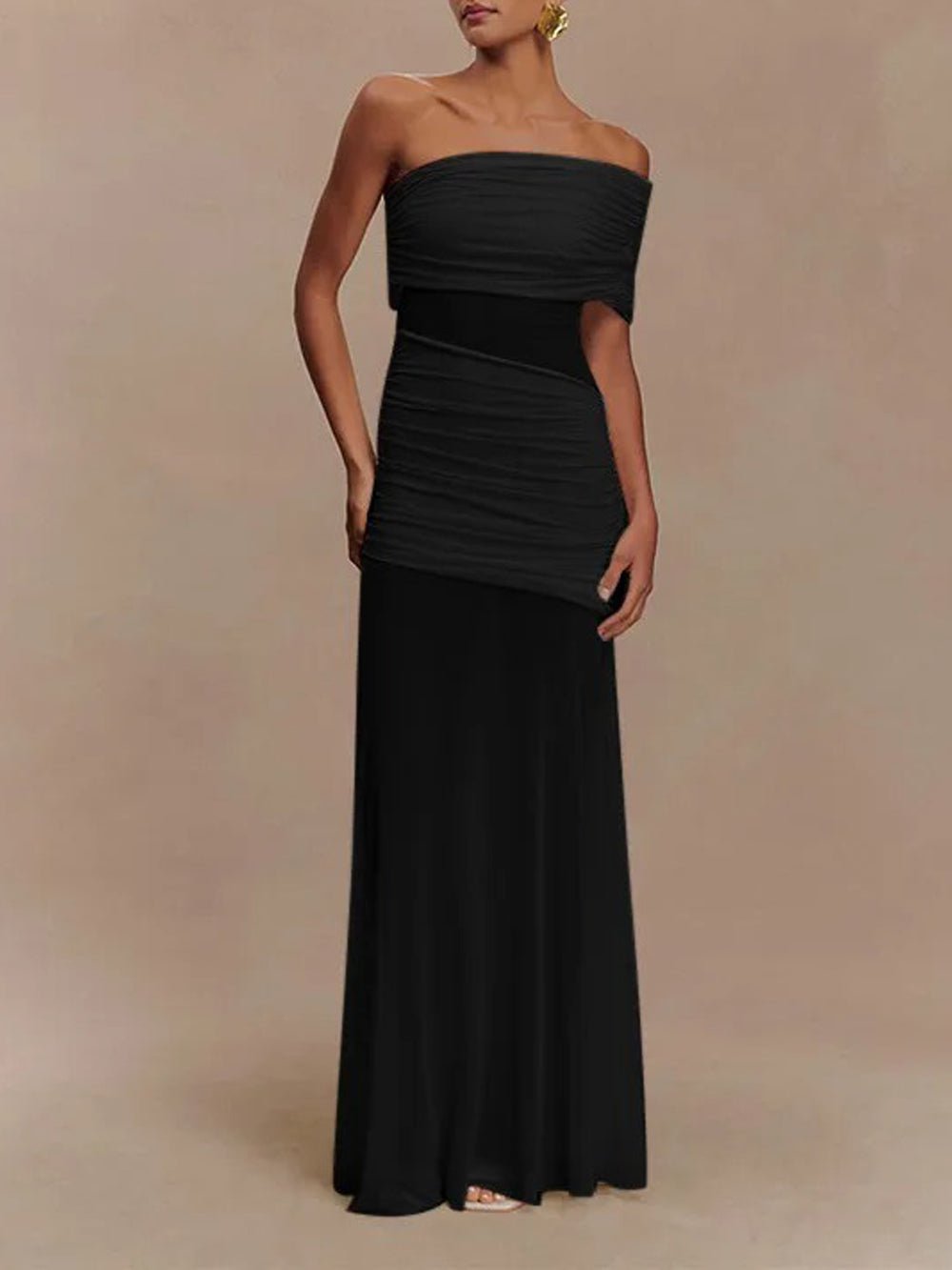 One Shoulder Ruched Mesh Midriff Cut Out Sheer Mesh Maxi Dress