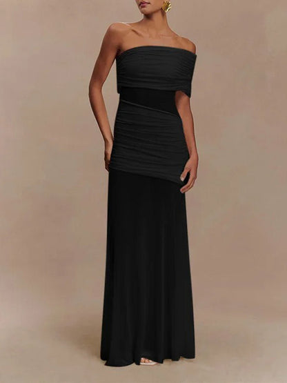 One Shoulder Ruched Mesh Midriff Cut Out Sheer Mesh Maxi Dress