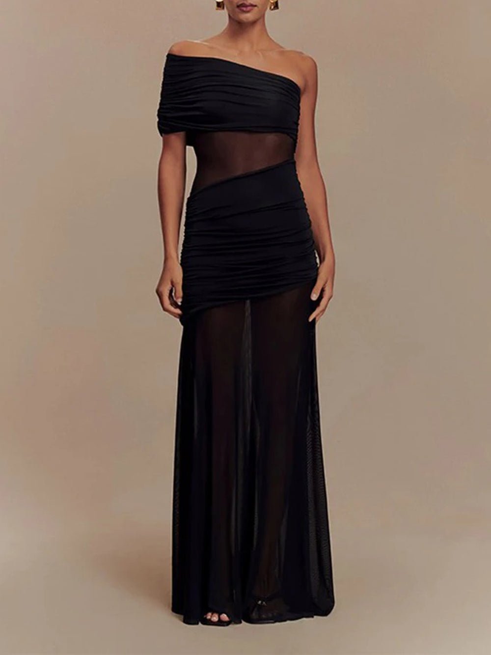 One Shoulder Ruched Mesh Midriff Cut Out Sheer Mesh Maxi Dress