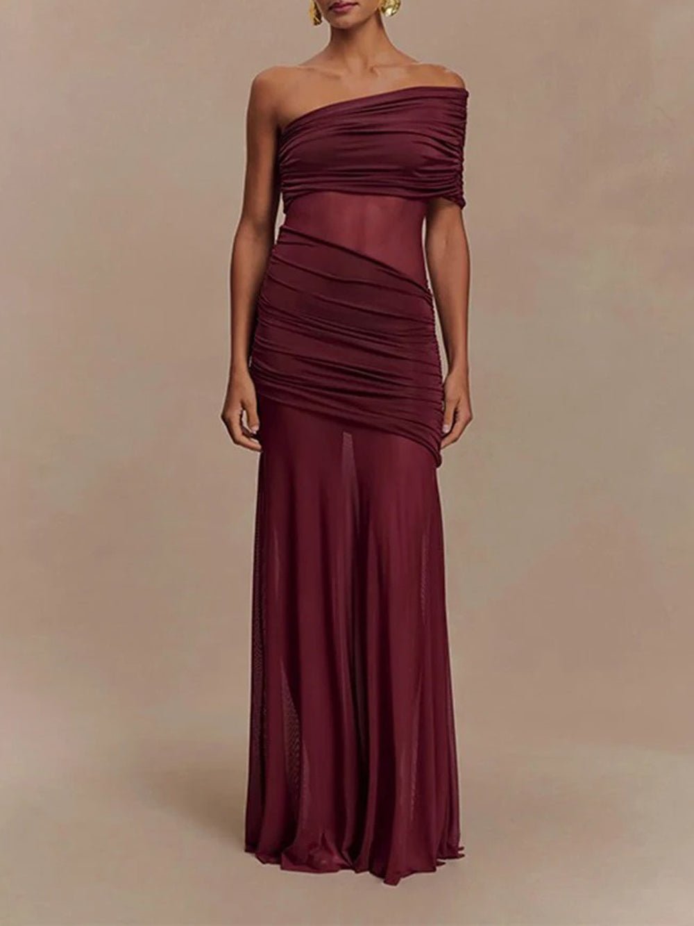 One Shoulder Ruched Mesh Midriff Cut Out Sheer Mesh Maxi Dress