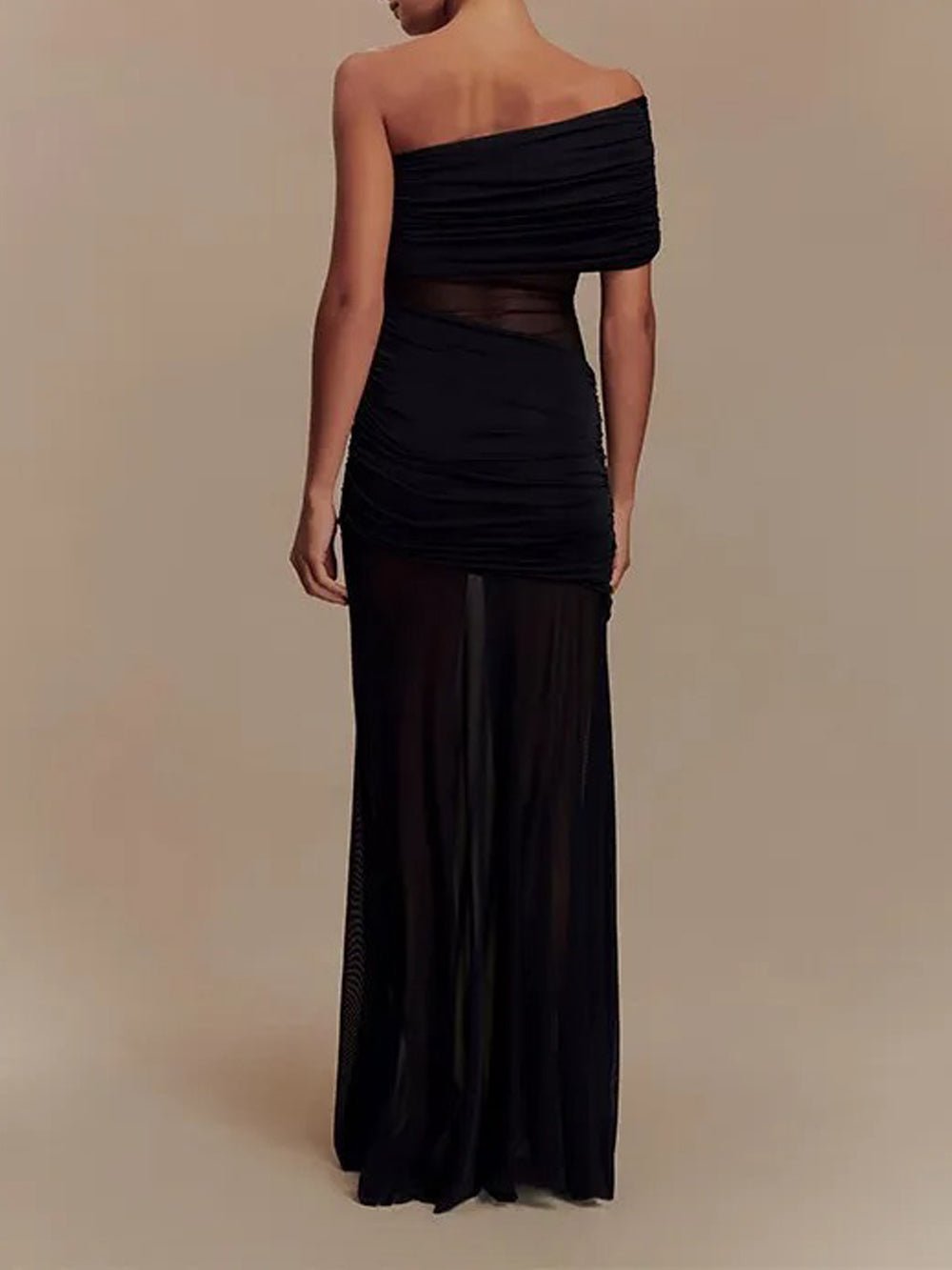 One Shoulder Ruched Mesh Midriff Cut Out Sheer Mesh Maxi Dress