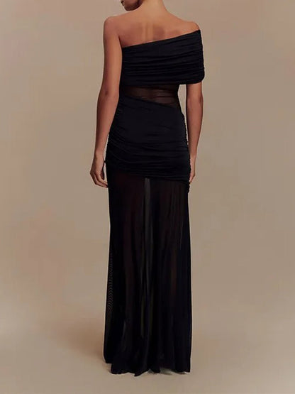 One Shoulder Ruched Mesh Midriff Cut Out Sheer Mesh Maxi Dress