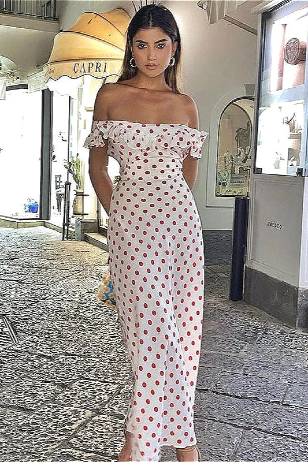 Sweet Ruffle Vacation Polka Dot Maxi Dress