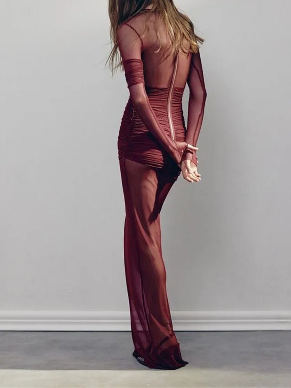 Mesh Long Sleeve Criss Cross Cut Out Ruched Overlay Sheer Skirt Maxi Dress