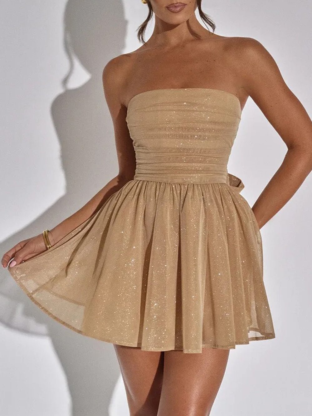 Sequin Ruched Strapless Fit and Flare Mini Party Dress