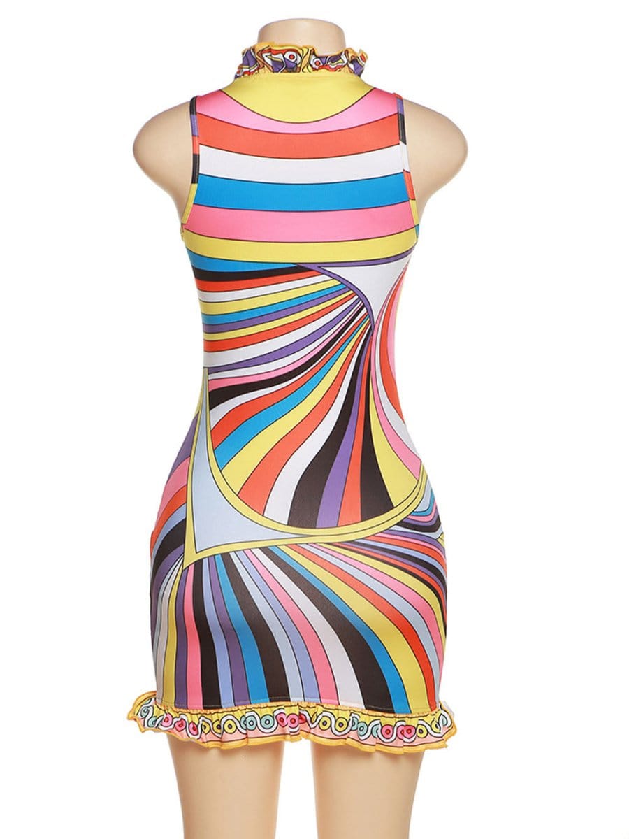 Multi Mock Neck Ruffle Trim Abstract Swirl Print Bodycon Mini Dress