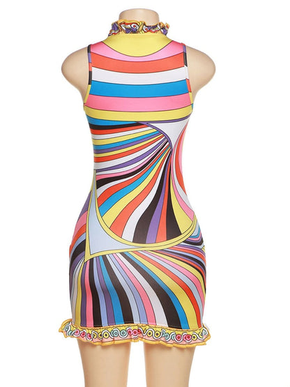 Multi Mock Neck Ruffle Trim Abstract Swirl Print Bodycon Mini Dress