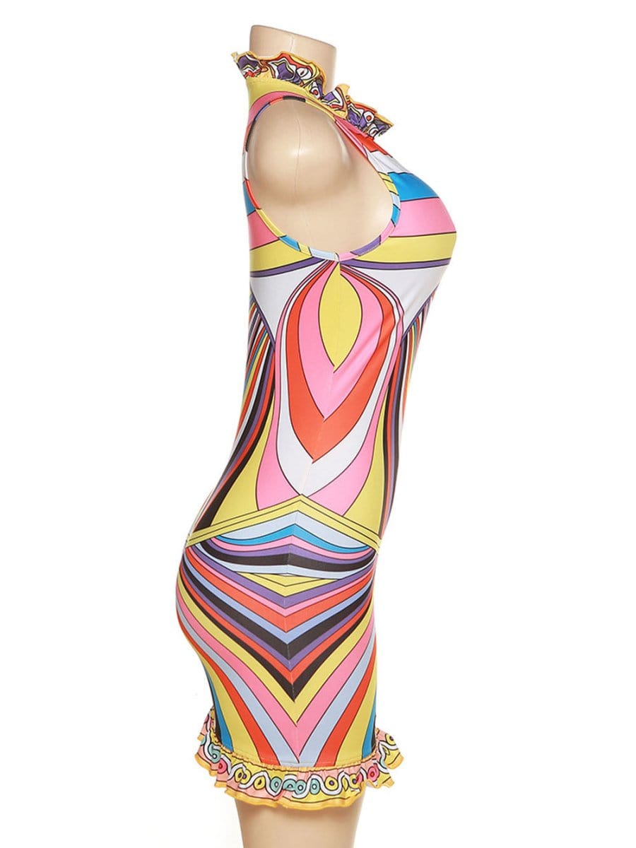 Multi Mock Neck Ruffle Trim Abstract Swirl Print Bodycon Mini Dress