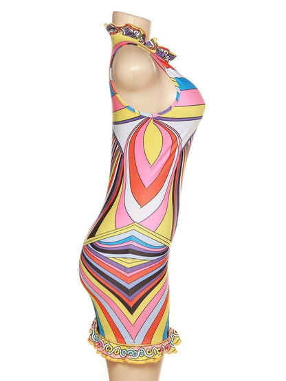 Multi Mock Neck Ruffle Trim Abstract Swirl Print Bodycon Mini Dress