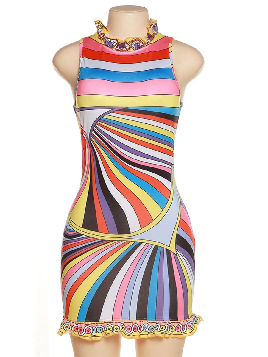 Multi Mock Neck Ruffle Trim Abstract Swirl Print Bodycon Mini Dress