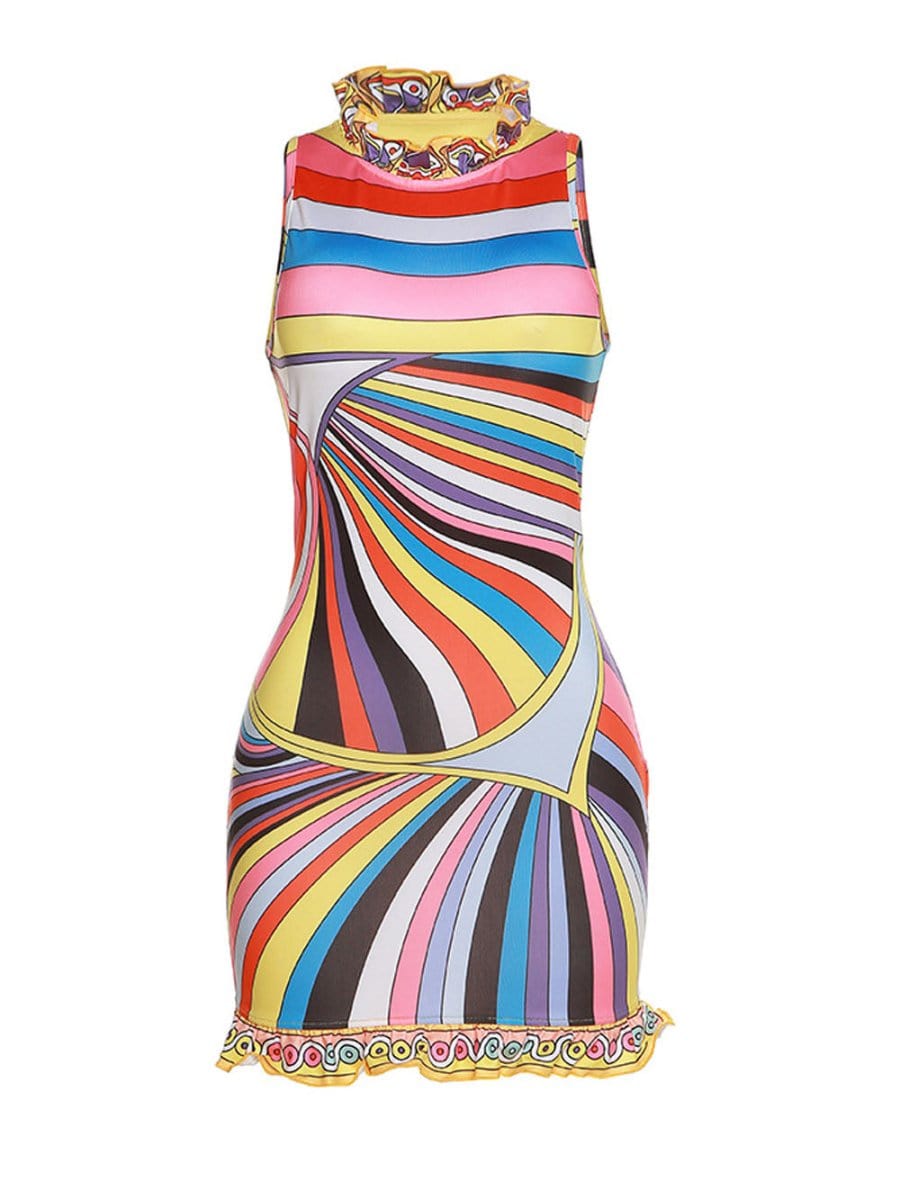 Multi Mock Neck Ruffle Trim Abstract Swirl Print Bodycon Mini Dress