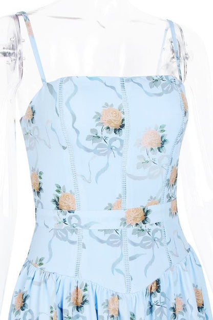 Sky Blue Spaghetti Strap Corset Bustier Basque Waist Gathered Midi Dress