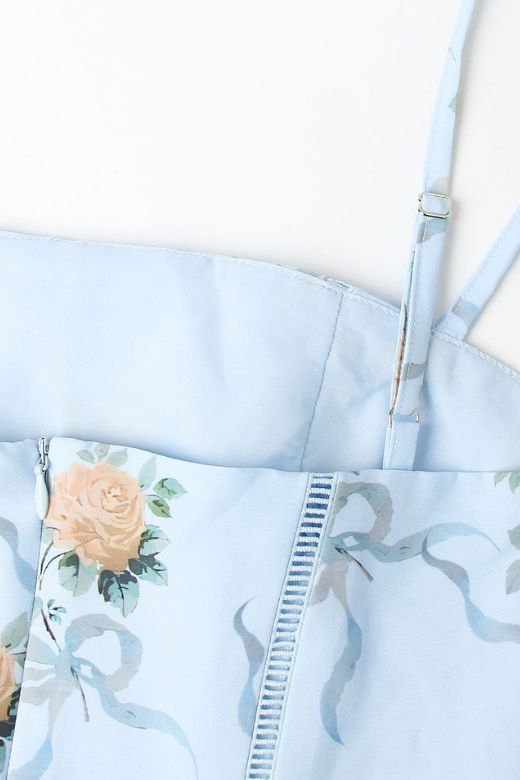 Sky Blue Spaghetti Strap Corset Bustier Basque Waist Gathered Midi Dress