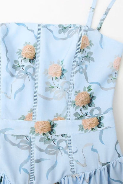 Sky Blue Spaghetti Strap Corset Bustier Basque Waist Gathered Midi Dress