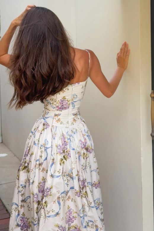 White Floral Spaghetti Strap Corset Bustier Floral Ribbon Print Gathered Maxi Dress