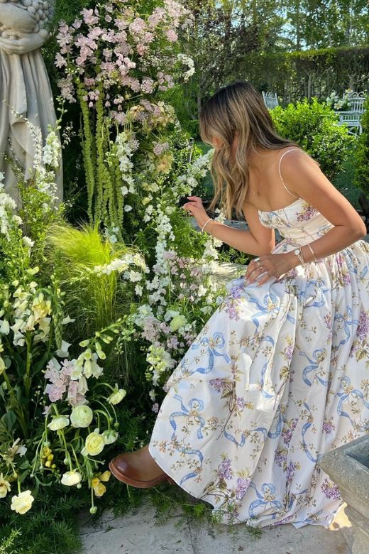White Floral Spaghetti Strap Corset Bustier Basque Waist Gathered Midi Dress