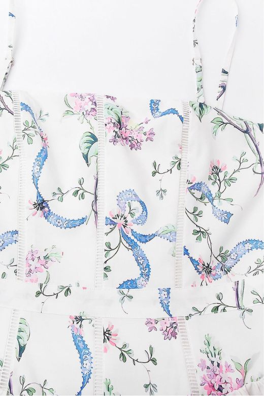 White Floral Spaghetti Strap Corset Bustier Basque Waist Gathered Midi Dress