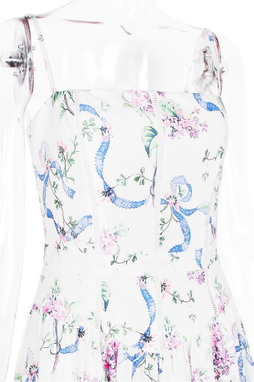 White Floral Spaghetti Strap Corset Bustier Floral Ribbon Print Gathered Maxi Dress
