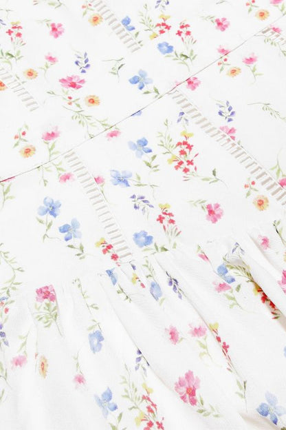 White Print Spaghetti Strap Corset Bustier Ditsy Floral Gathered Skirt Maxi Dress
