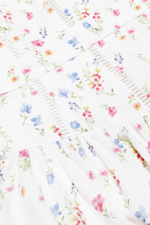White Print Spaghetti Strap Corset Bustier Basque Waist Gathered Midi Dress