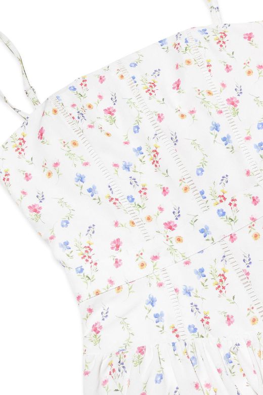 White Print Spaghetti Strap Corset Bustier Ditsy Floral Gathered Skirt Maxi Dress