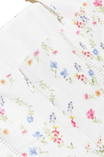 White Print Spaghetti Strap Corset Bustier Ditsy Floral Gathered Skirt Maxi Dress
