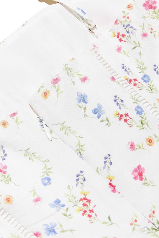 White Print Spaghetti Strap Corset Bustier Basque Waist Gathered Midi Dress