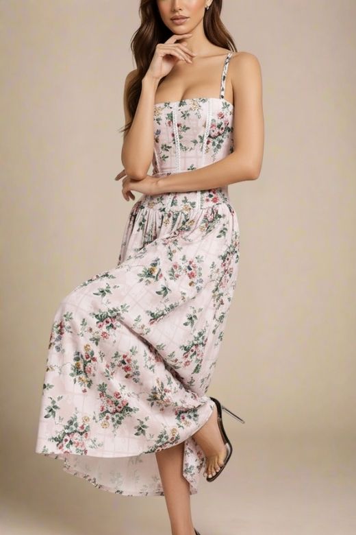 Beige Floral Grid Print Corset Lace Trim Spaghetti Strap A-Line Maxi Dress